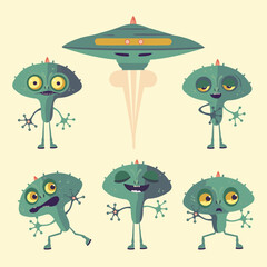 A group of cartoon green aliens with a flying ship