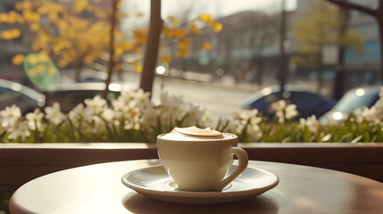 Fototapeta premium cup of coffee on the terrace,Seoul Coffee Shop Capuchino coffee of cup cozy spring nature,coffee in the morning,Spring blossoms on the street and coffee on the terrace