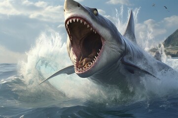 Tiburón saltando con la boca abierta - obrazy, fototapety, plakaty