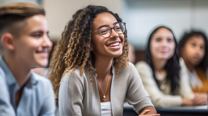 Smiling girl student participating in class in High school