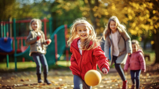 Children Playing During Recess In Outdoor Playground