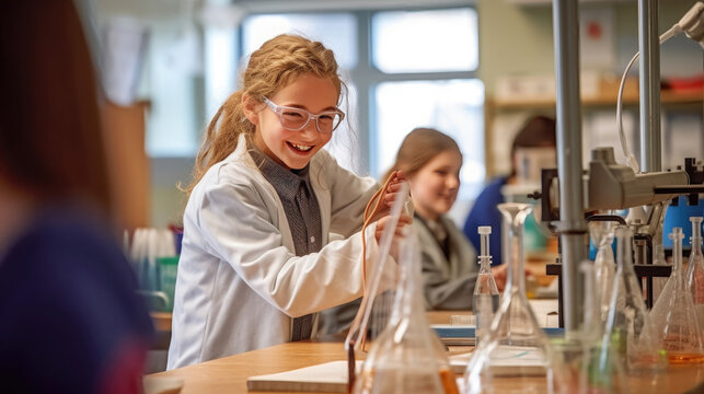 Smiling caucasian girl working on science project in school laboratory