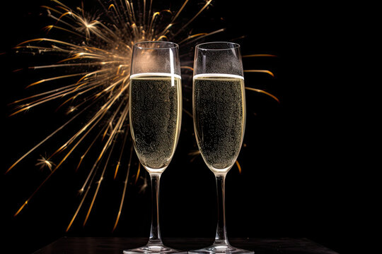 Champagne glasses with firework in background celebration.