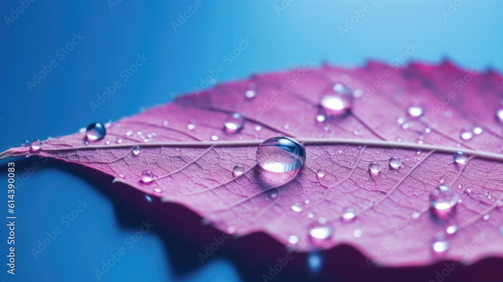 Poster the close-up of transparent skeleton leaf with water drops on beautiful texture in a blue and pink b
