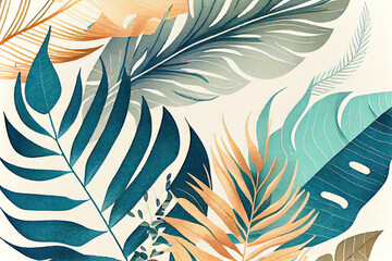 simple tropical leaves and palm leaves and waves pattern ,seamless pattern with leaves