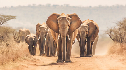Fototapeta na wymiar a group of elephants walk through the wild