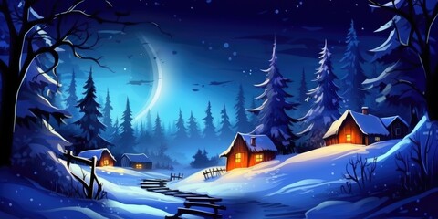 Merry christmas! Winter landscape with wooden houses in the forest., created with generative ai