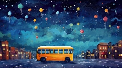 School bus with balloons flying in the sky. Watercolor illustration. Back to school banner, created with generative ai