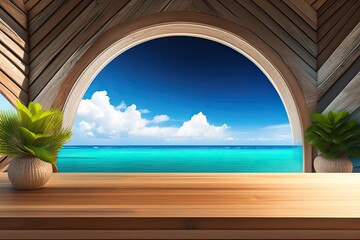 Wooden Table with Sea Background