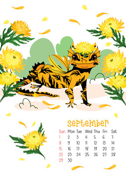 Vertical page calendar for September 2024 with chrysanthemum yellow dragon. The symbol of the year of dragon. Week starts on Sunday. Vector illustration flat cartoon style