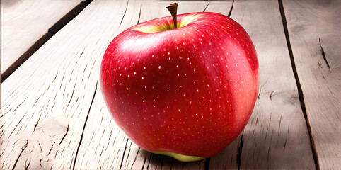 Ripe red apple on a wooden table.