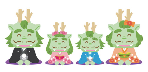 イラスト素材: 着物姿のかわいい干支シリーズ　辰年/主線なし　和装で正座でご挨拶をする笑顔の表情家族  © kuroshimaharu