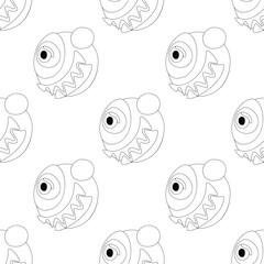 Seamless Pattern with Psyhodelical Print with One-eye Monster with Scary Smile. Surreal Design, Endless Texture. Pop Art Cartoon Style with Stains. Coloring Book Page. Vector Contour Illustration