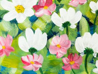 Abstract  daisy flowers, original hand drawn, impressionism style, color texture, brush strokes of paint,  art background.