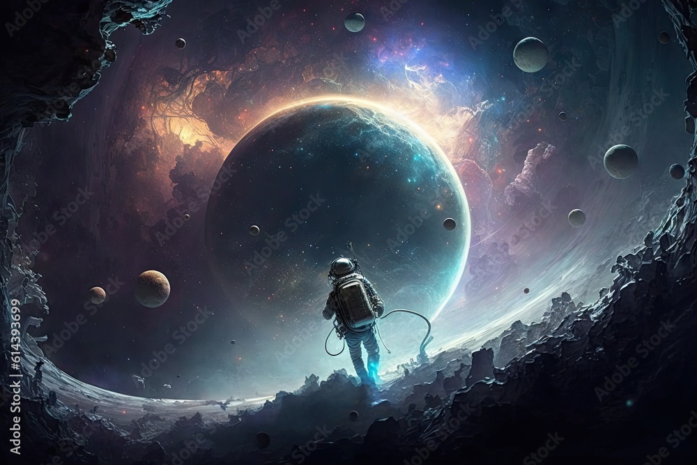 Poster astronaut in deep space with planets and stars