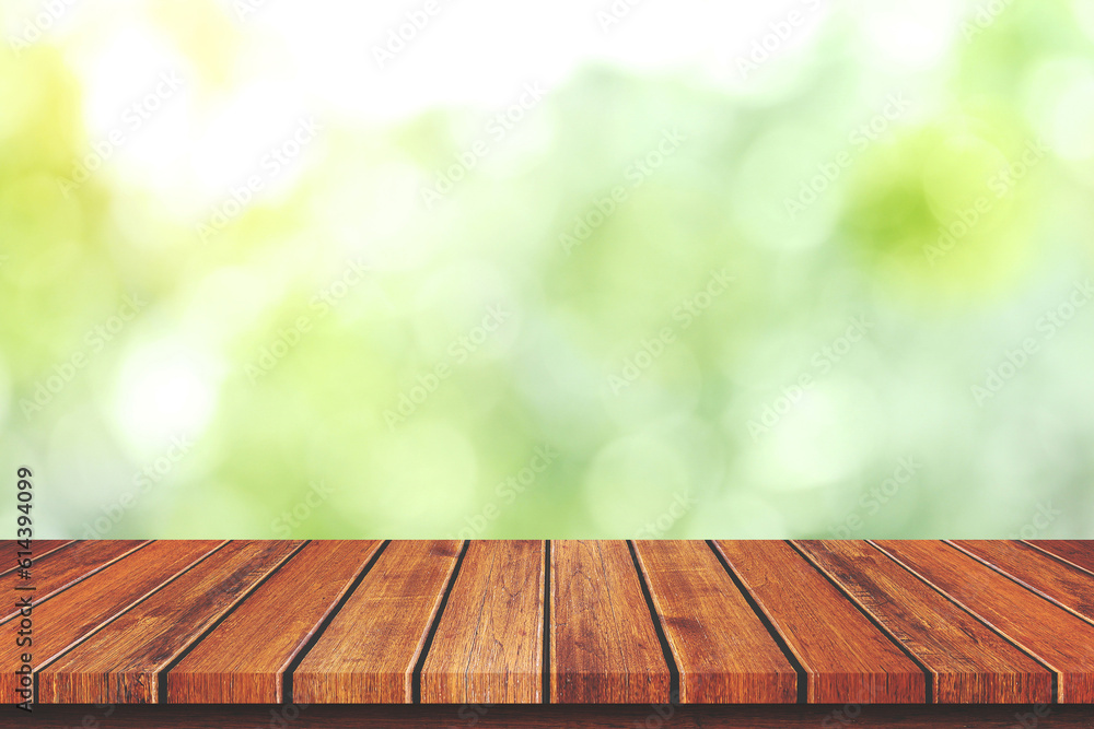 Wall mural empty wood table top on natural green blurred background, template mock up for display of product, 1