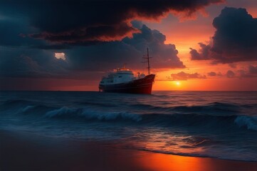 Naklejka premium A ship at sunset in the middle of the Pacific Ocean