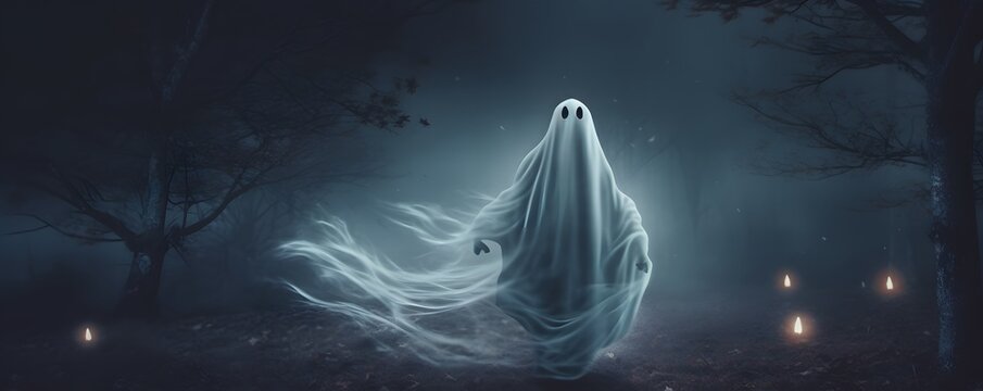 Halloween ghost in the night, forest background, foggy background, landscape, Generativ AI