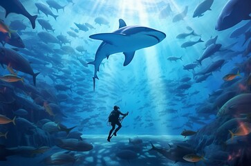 Submarinista observando a un enorme tiburón blanco que hay encima suyo