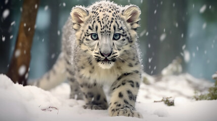 Fototapeta premium Snow leopard cub baby. Generative AI