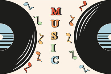 Obraz premium Big horizontal banner with Vinyl record in Retro style isolated on light background. Vector illustration. Poster for Record Company with inscription Music.