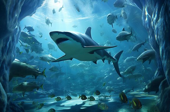 Tiburón blanco nadando en el fondo del mar rodeado de peces