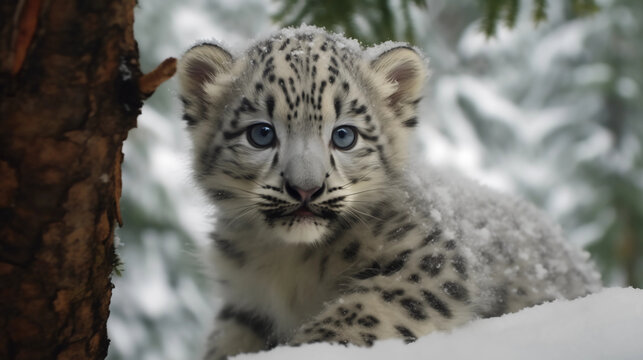 Snow leopard cub baby. Generative AI
