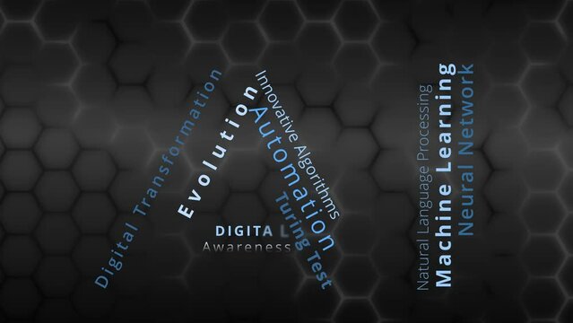Artificial Intelligence tag cloud and word cloud with articifial intelligence terms like neural network, turing test, machine learning, natural language processing or algorithms digital transformation