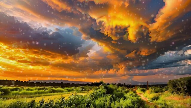 Footage animated, Witness the enchantment of a forest at sunset, as clouds dance in mesmerizing formations. A breathtaking kaleidoscope of colors paints the sky