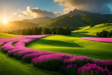 image of a lush green field with flowers blooming.