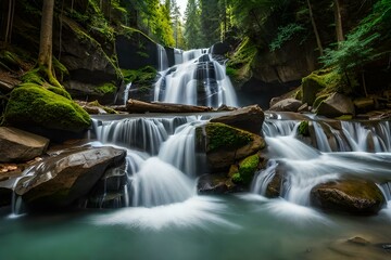 Fototapeta na wymiar a cascading waterfall surrounded by trees and rocks