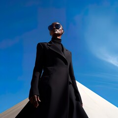 Black fashion model and blue sky. Fictional person created with generative AI