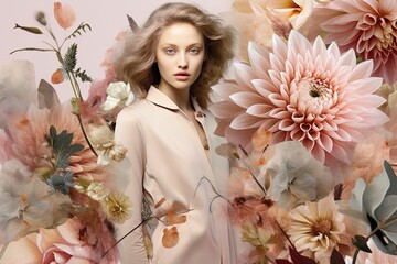Woman and pink flowers spring moodboard. Fictional person created with generative AI