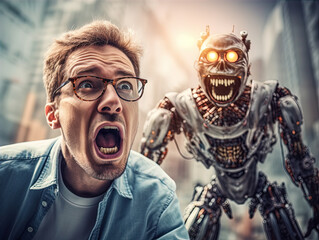 Man in fear running from an AI robot. Fictional person created with generative AI