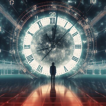 Space and time concept giant clock