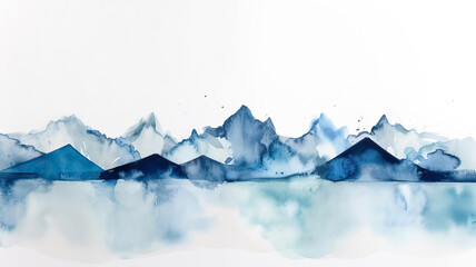 Fototapeta na wymiar panorama of the mountains in winter,super minimal watercolor on white background paper of snow 