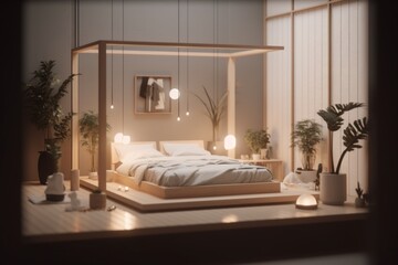 Bedroom interior, blender 3d isometric, beige, in japandi style, minimalism. AI generated