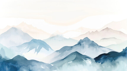 panorama of the mountains in winter,super minimal watercolor on white background paper of snow 