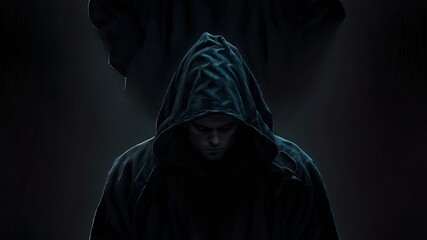 scary hacker wearing a black hoodie in the dark. Generative AI