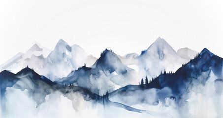 panorama of the mountains in winter,super minimal watercolor on white background paper of snow 