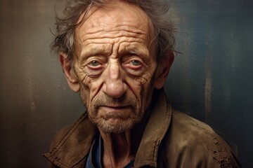 Senior old man with long hair looking tired studio portrait. Fictional person created with generative AI