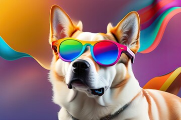 Dog Head Portrait in Rainbow Glasses