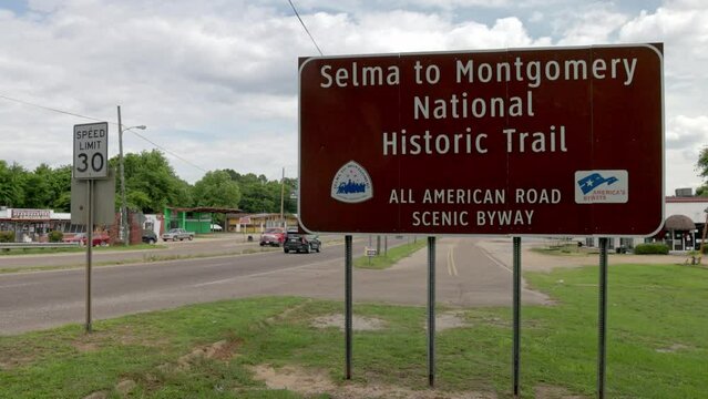 Selma to Montgomery National Historical Trail sign in Selma, Alabama with stable video.