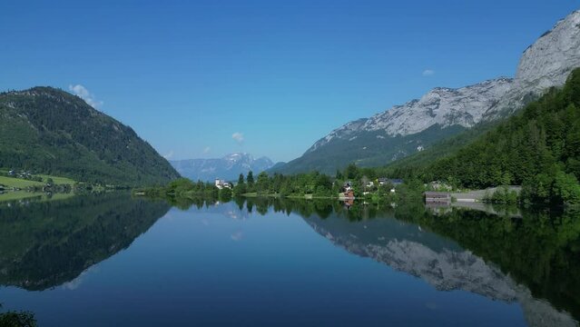 Austria- styria- grundlsee- drone view of lake grundlsee and surrounding mountains in summer