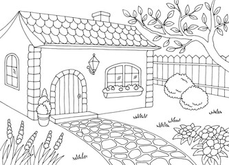 Garden in the courtyard of the house graphic black white sketch illustration vector 