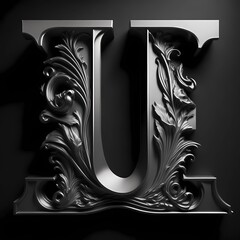 Metal letter U uppercase. 3D render font with shadow on black background, generative Ai art