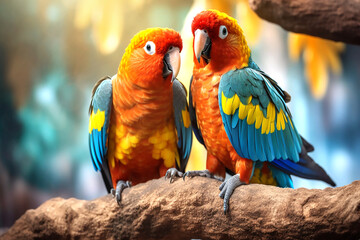 Fototapeta na wymiar Two large colorful parrots siting on a branch. Generative AI