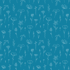 Pattern of wild plants and flowers in doodle style. Vector illustration on a blue background for decor and wrapping paper
