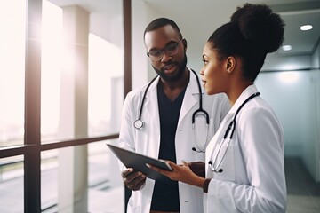 African male doctor talking to a female Afro-american young woman doctor in a hospital about a medical topic