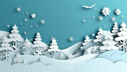 Fototapeta na wymiar winter blue background art christmas merry paper holiday origami tree snowflakes. Generative AI.